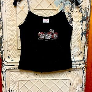 Ladies Vintage Harley Davison Bling top with chain straps.